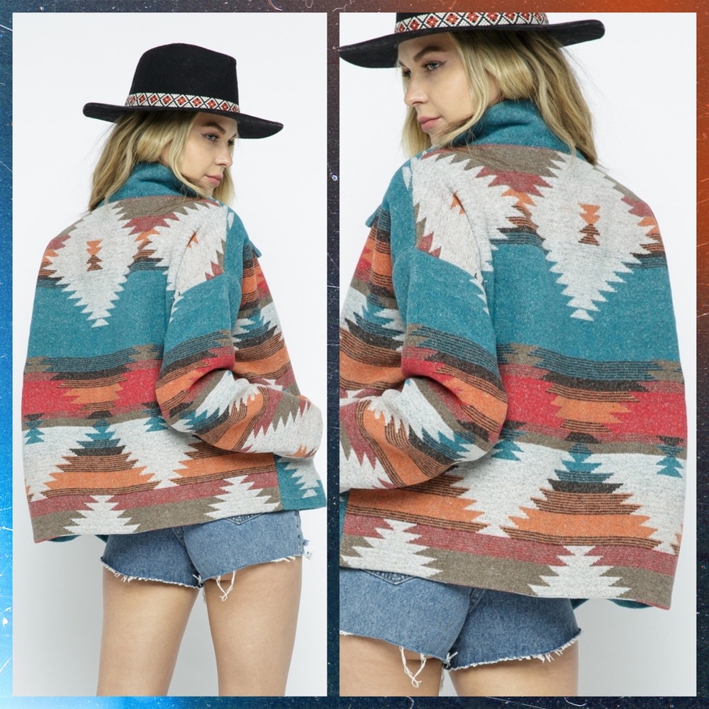 LUX BRAND Aztec Print Button Up Soft & Cozy Jacket W/Stand-Up Collar & Pockets - Picture 2 of 16